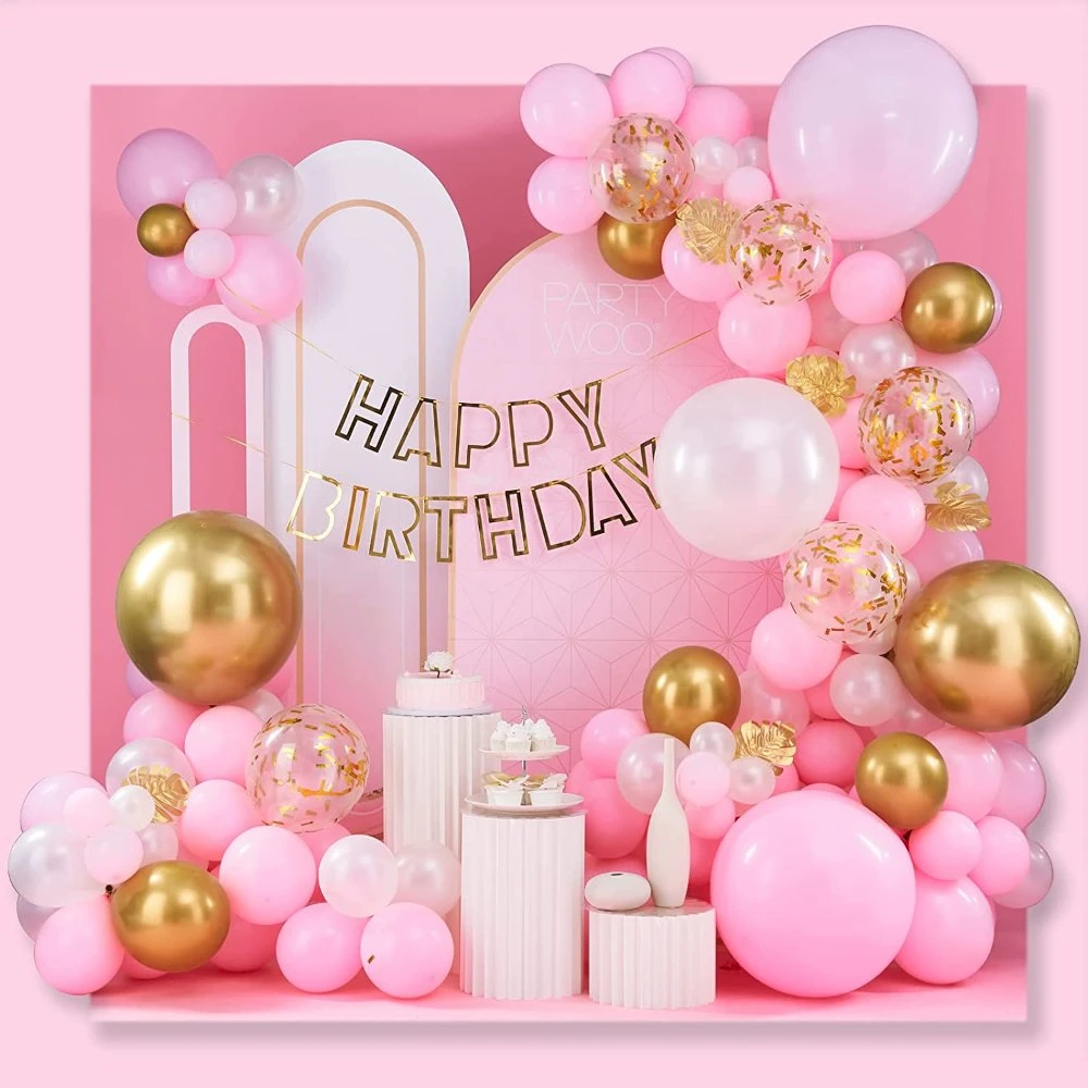 Pink and Gold Balloon Garland, 100 PCS Pink Balloon Arch Kit, Happy Birthday Banner, Metallic Gold Baby Pink Balloons for Pink Birthday Party Decorations