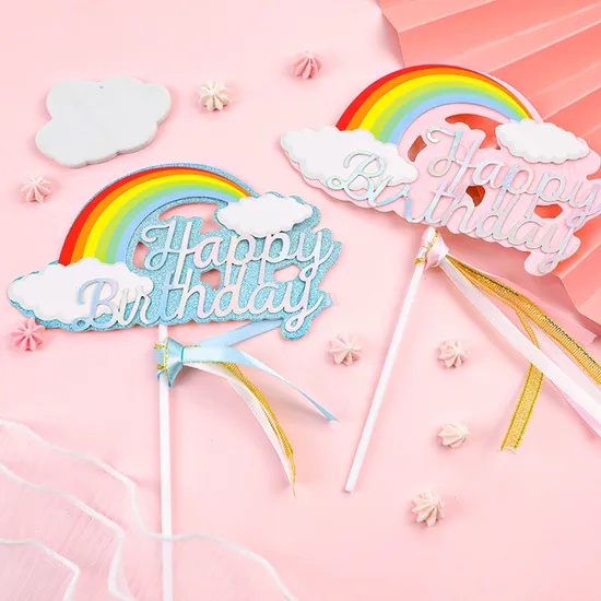 ホット販売ハッピーバースデーパーティーデコレーションタッセルカラフルクラウドレインボーケーキトッパー